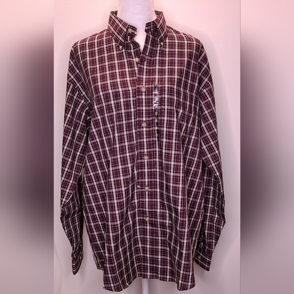 25-3-346 347 Men's Arrow Maroon and White Button Down Plaid Shirt NWT Size M